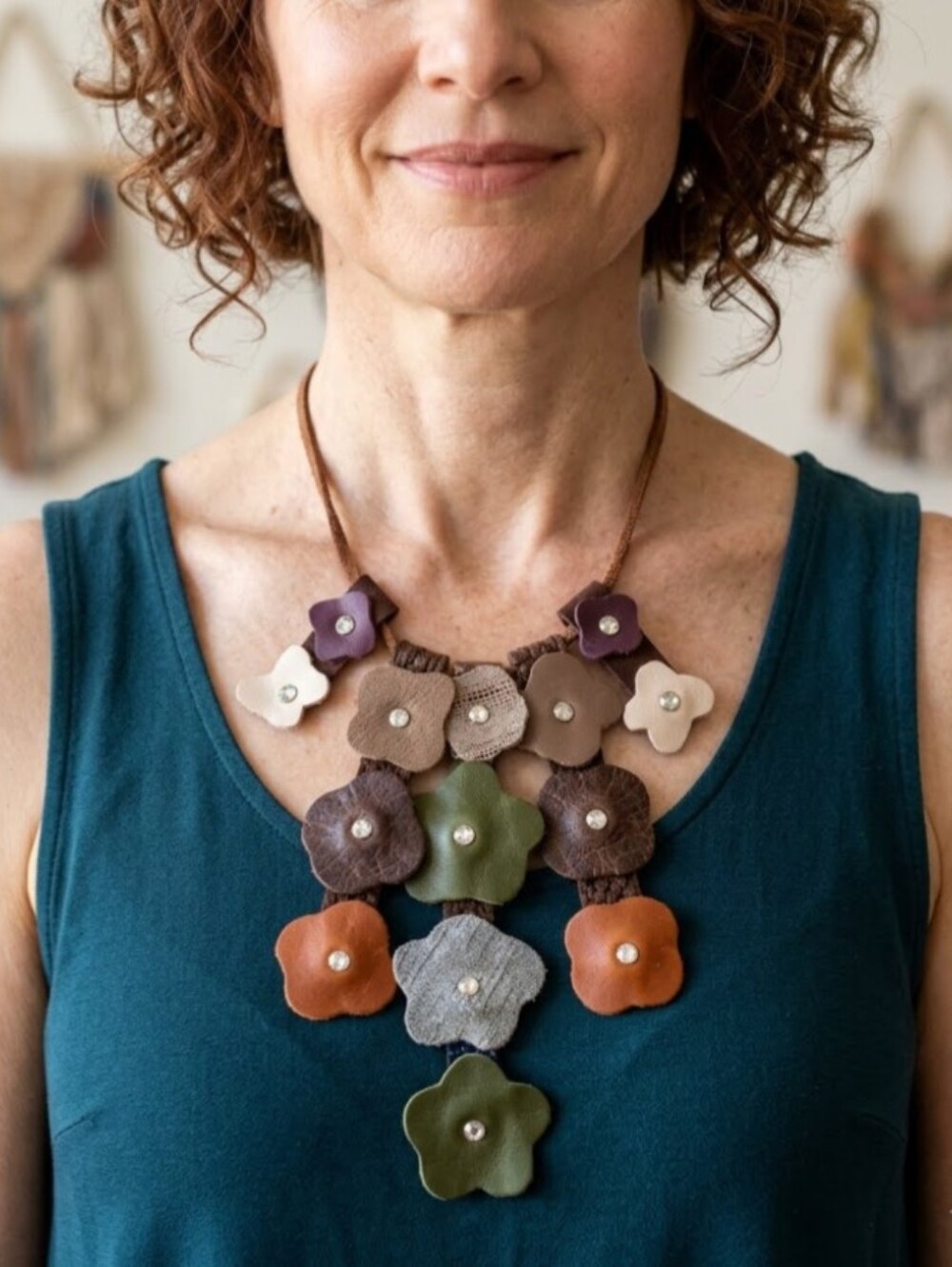 Handmade Genuine Leather 2D Statement Flower Necklace Multi Color 052